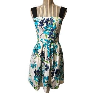 Perceptions Mini Dress Sz 6 White Fit-and-Flare Blue & Green Floral Black Straps
